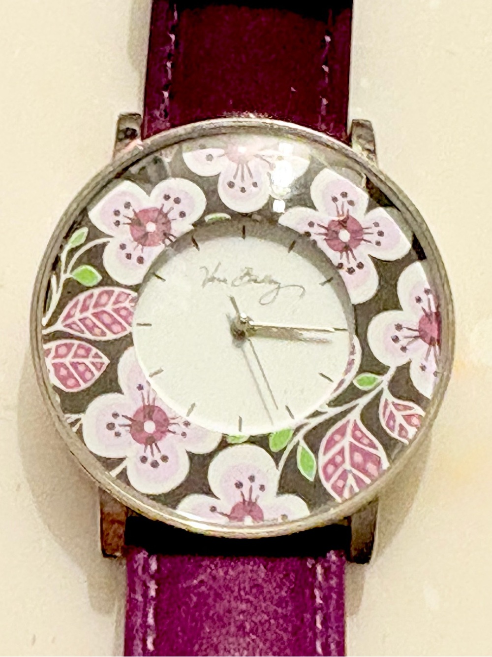 Vera Bradley Pink Floral Dial Purple Leather Strap Watch